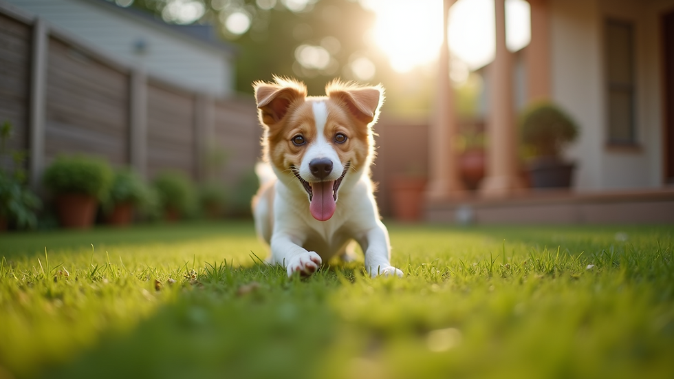 Eye-level view of a happy dog playing in a backyard