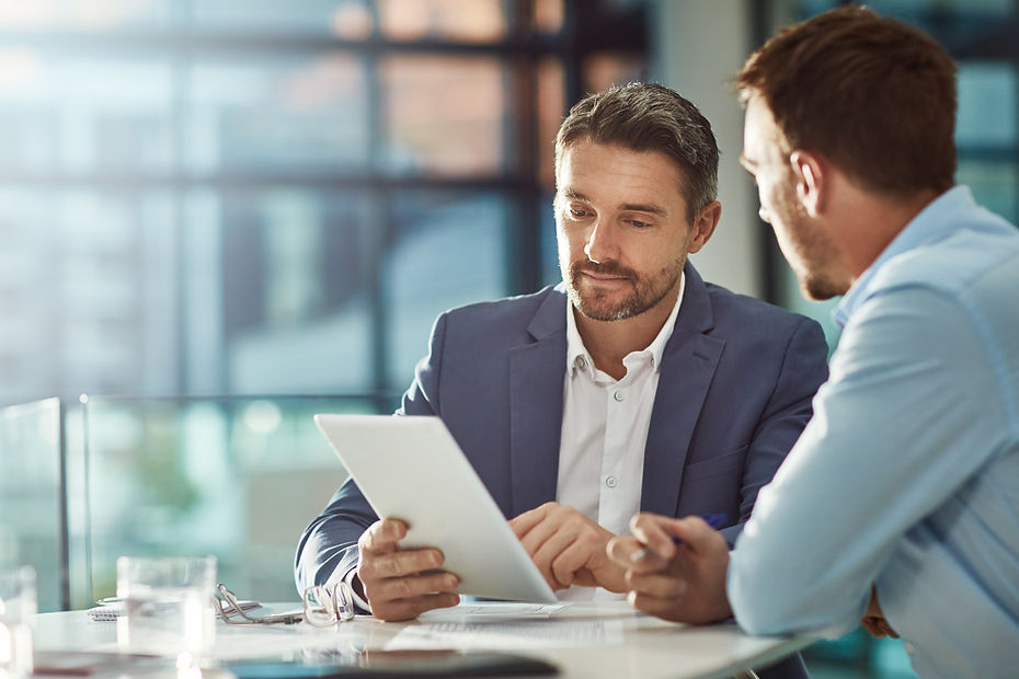 Teamwork meeting, tablet and business people in office workplace Collaboration, technology