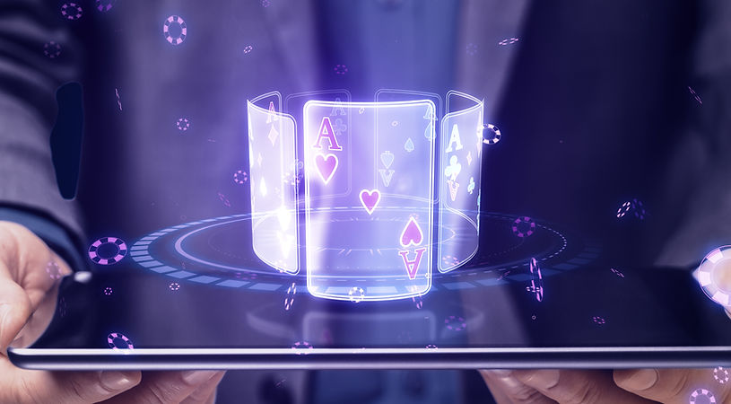 Close up of businessman hands holding tablet with creative digital blue cards hologram on