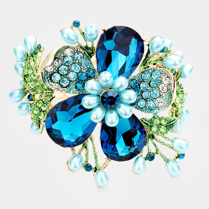 Thumbnail: 3 PC Crystal and Water Pearl Statement Necklace  with Matching Bracelet