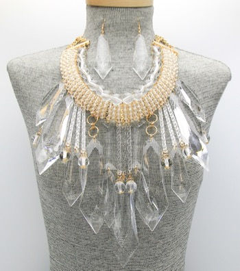 Statement Ice Clear Fringe Necklace Set.