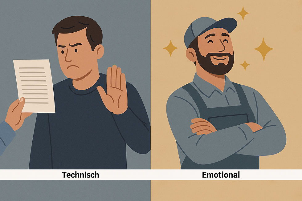 Links: Illustration eines Mannes mit abweisender Geste gegenüber einem Dokument. Rechts: Illustration eines zufriedenen Mannes in Arbeitskleidung mit verschränkten Armen und funkelndem Gesichtsausdruck.