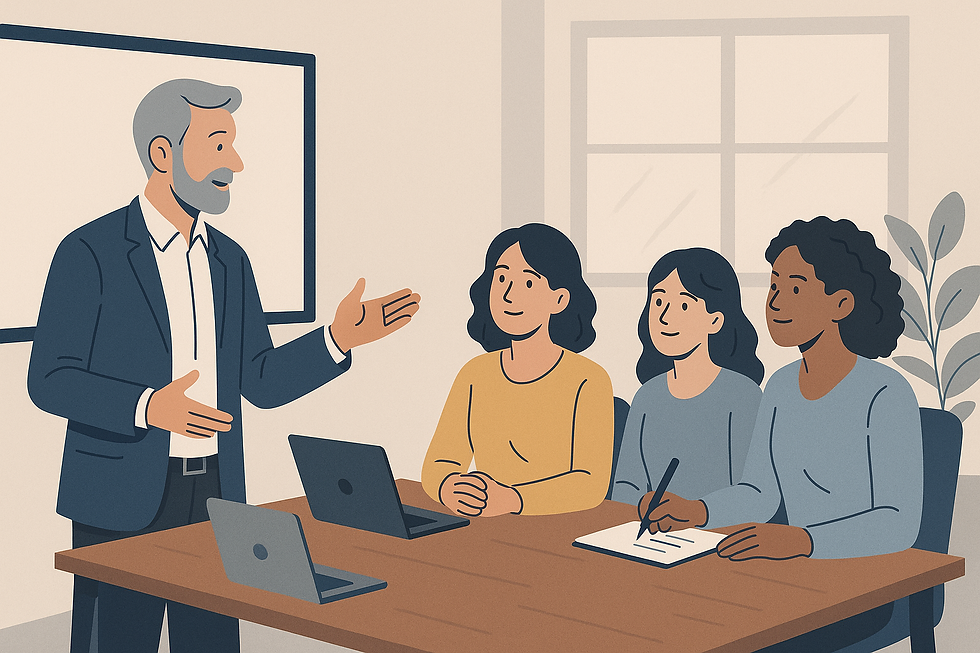 Ein grauhaariger Mann spricht in einem modernen Besprechungsraum vor drei Teammitgliedern, die ihm aufmerksam zuhören. Die Szene ist in einem stilisierten, illustrativen Design dargestellt, mit neutralen Farben und Laptops auf dem Tisch.