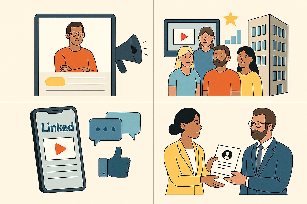 Eine Illustration zeigt vier Szenen: ein Bewerberprofil mit Megafon, eine Gruppe von Menschen vor einem Bildschirm, ein Smartphone mit Social-Media-Symbolen sowie zwei Personen, die miteinander Bewerbungsunterlagen besprechen.