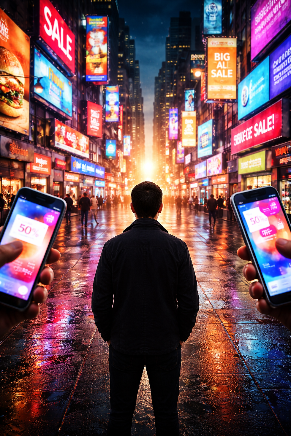 Person umgeben von leuchtender Werbung und Smartphone-Ads als Symbol für die tägliche Reizüberflutung im Marketing