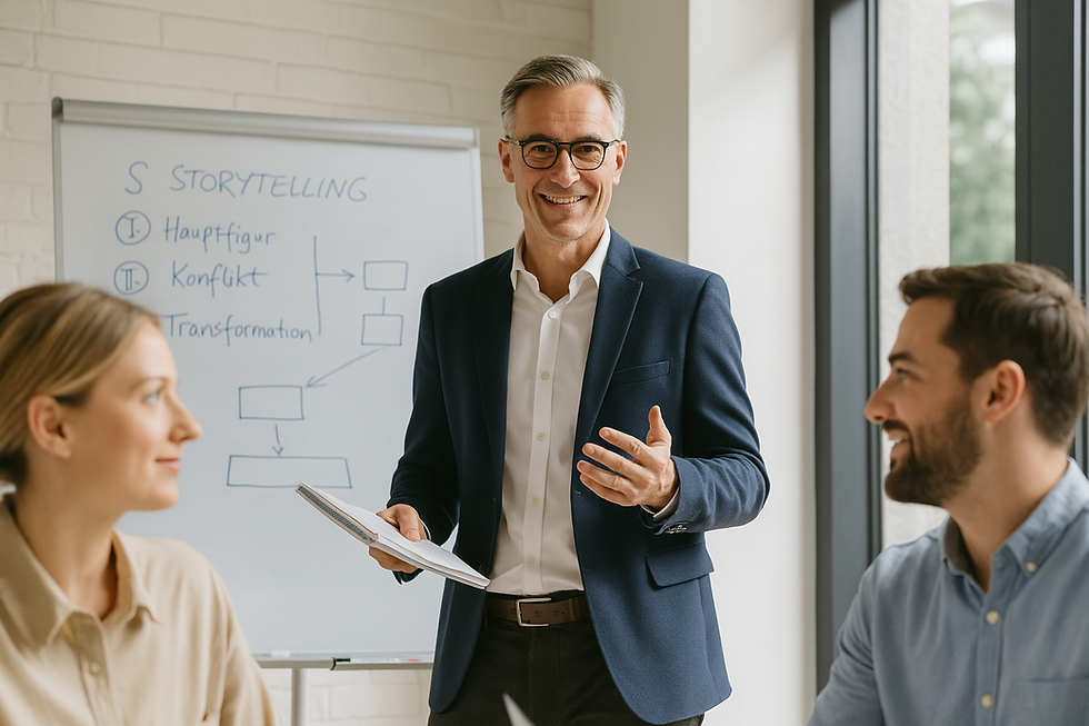 Ein lächelnder Trainer steht vor einem Flipchart mit handgezeichnetem Storytelling-Diagramm und spricht mit seinem Team. Drei Teilnehmende sitzen im Halbkreis und hören aufmerksam zu, während Tageslicht durch große Fenster fällt.