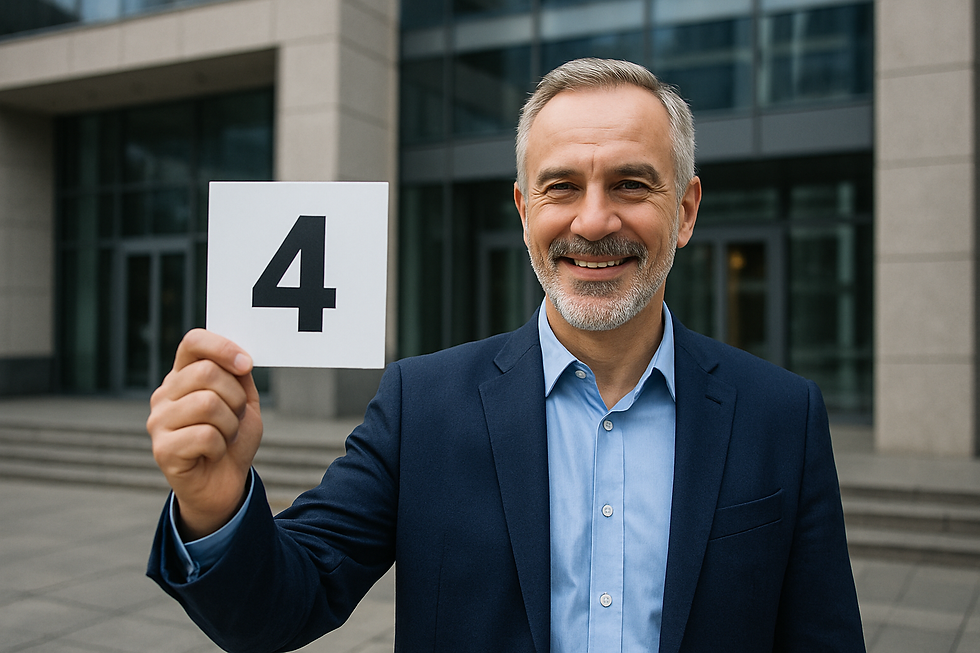 Ein älterer Mann im Anzug steht draußen vor einem modernen Gebäude und hält ein Schild mit der Zahl 4 hoch. Er lächelt in die Kamera.
