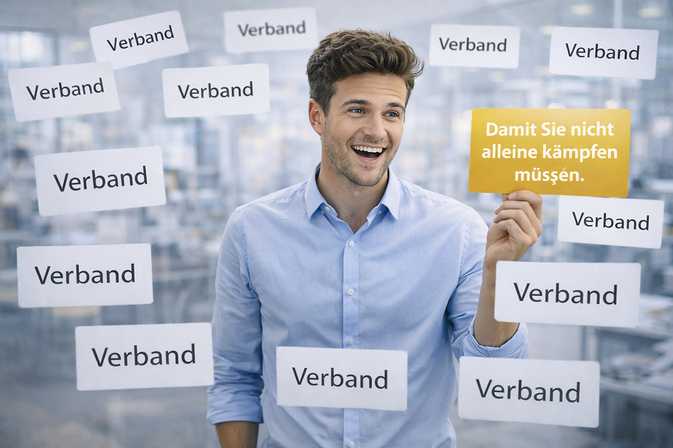 Mann steht frontal in einem Büro und hält eine goldfarbene Karte in der Hand, während weitere Karten mit der Aufschrift Verband um ihn schweben. Er lächelt und blickt direkt in die Kamera.