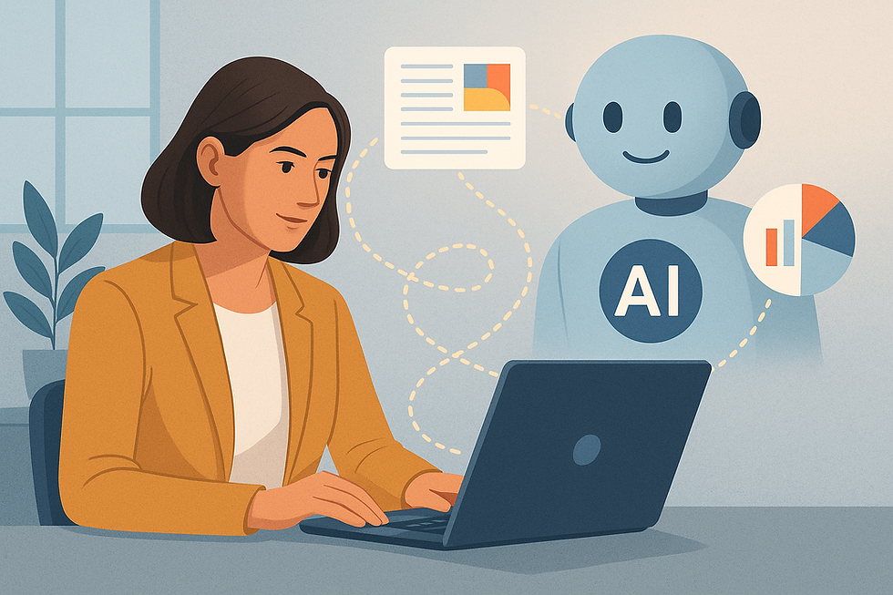 Eine Frau sitzt an einem Laptop in einem Büro. Neben ihr ist ein gezeichneter Roboter mit dem Schriftzug „AI“ zu sehen, verbunden mit Symbolen für Textdokumente und Diagramme.