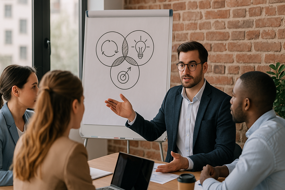 Ein Mann im Business-Outfit erklärt ein Diagramm auf einem Flipchart vor einem gemischten Team aus drei Personen. Die Szene spielt in einem lichtdurchfluteten Konferenzraum mit Backsteinwand und modernen Möbeln.