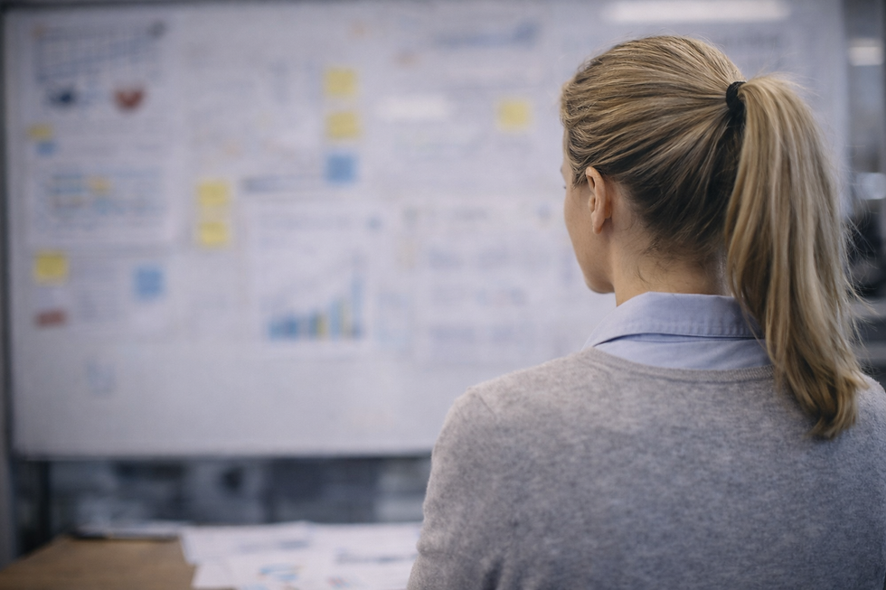 Marketingverantwortliche betrachtet ein Dashboard mit Conversion Daten auf einem großen Bildschirm im Büro