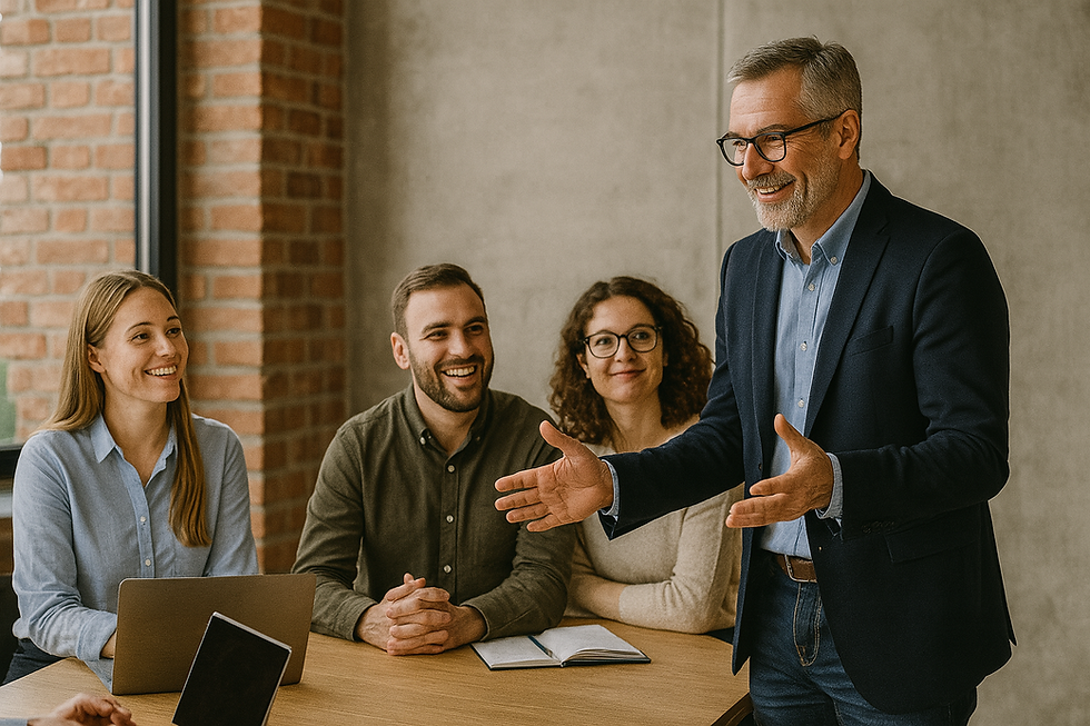 Ein älterer Mann steht an einem Konferenztisch und spricht gestikulierend mit einem kleinen Team aus drei Personen. Alle Beteiligten wirken engagiert und gut gelaunt, im Hintergrund sind Backsteinwand und Betonwand sichtbar.
