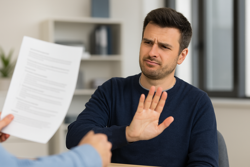 Ein junger Mann in dunklem Pullover lehnt mit skeptischem Blick ein Papierdokument ab, das ihm von einer anderen Person gereicht wird. Er hebt ablehnend die Hand.