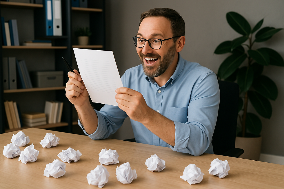 Ein Mann mit Brille sitzt an einem Schreibtisch, umgeben von zerknülltem Papier. Er hält erfreut ein Blatt in der Hand und wirkt begeistert.