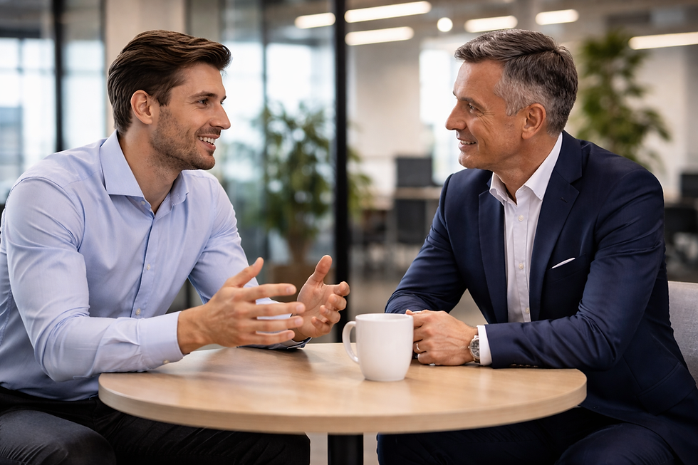Zwei Geschäftsmänner im offenen Gespräch auf Augenhöhe an einem kleinen Tisch mit Kaffeetasse – Storytelling im Vertriebsgespräch als Dialog statt Pitch