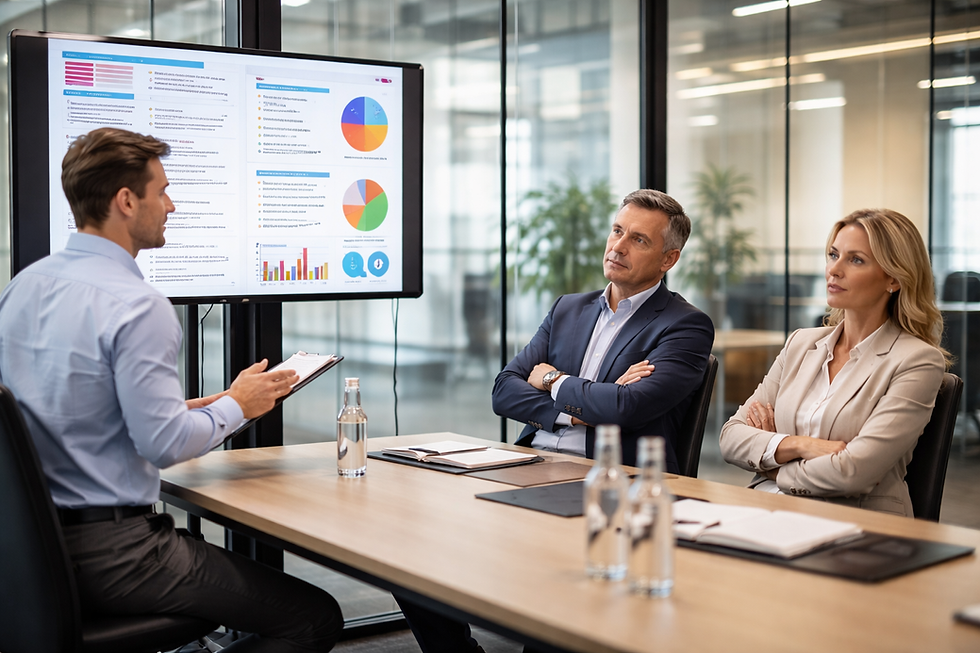 Vertriebler präsentiert überladene Folienpräsentation vor zwei Geschäftsleuten mit verschränkten Armen – typisches Beispiel für ein gescheitertes Verkaufsgespräch im B2B