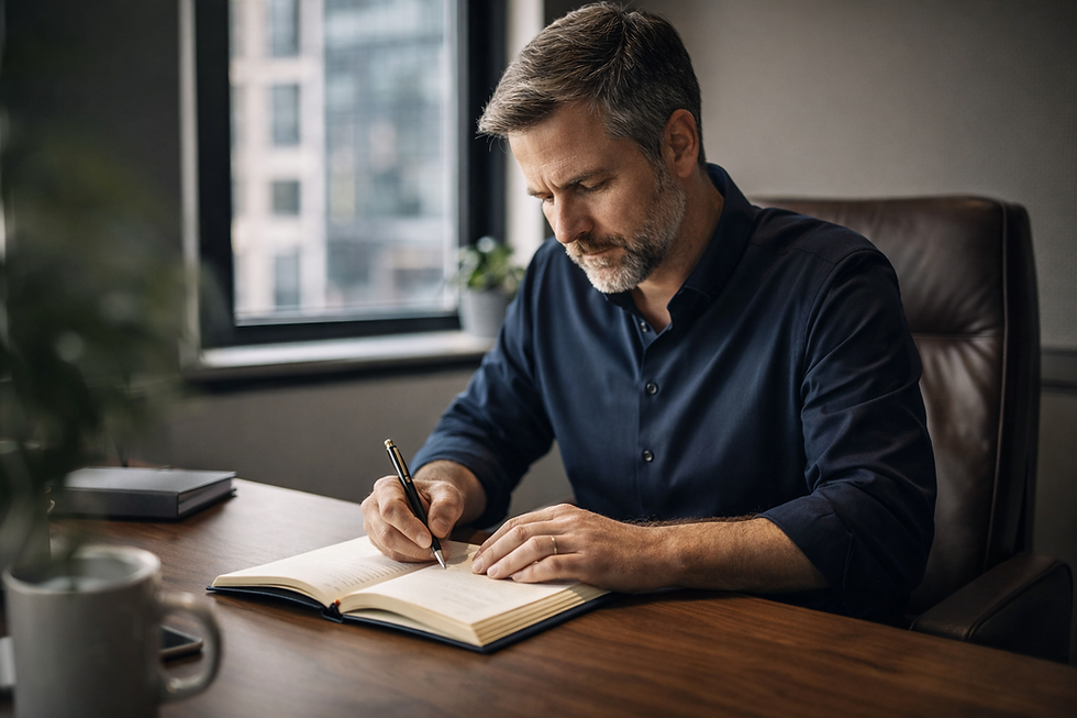 Illustration eines Mannes in einem Büro, der konzentriert in ein Notizbuch schreibt. Auf dem Schreibtisch liegen ein Laptop, ein Buch und weitere Arbeitsmaterialien in einer ruhigen Arbeitsatmosphäre.