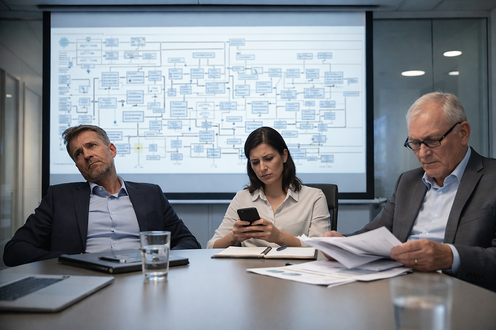 Drei Geschäftsleute sitzen desinteressiert in einem Meeting, während hinter ihnen ein überladenes technisches Prozessdiagramm auf der Leinwand projiziert wird – ein typisches Beispiel für Feature-Kommunikation, die nicht überzeugt