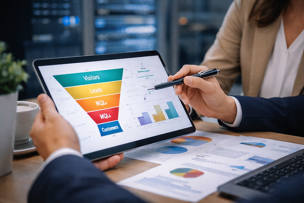 Zwei Personen analysieren bunte Sales Funnel Diagramme und Kennzahlen auf einem Tablet als Nachweis messbarer Marketingergebnisse