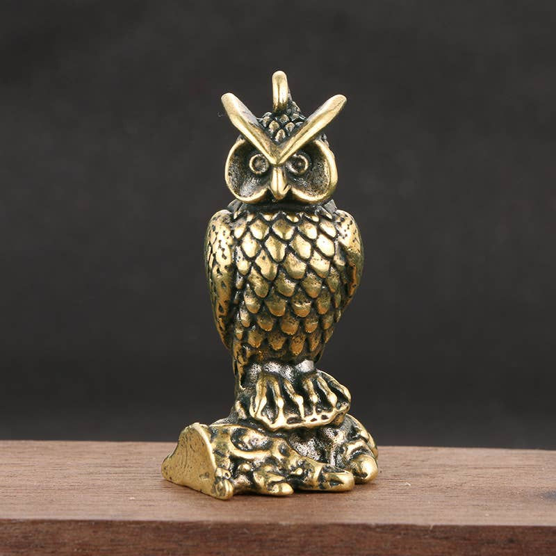 Brass Owl Keychain, Cute Animal Figurine Miniature Model