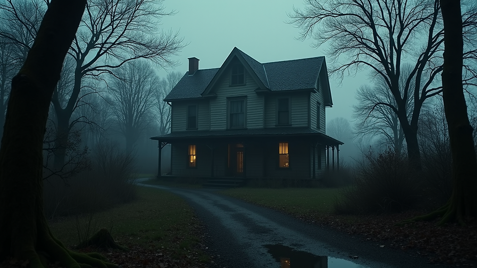 Wide angle view of a dark and eerie haunted house