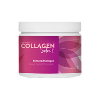 Collagen Select supplement container with tropical fruit label, designed for skin and beauty support