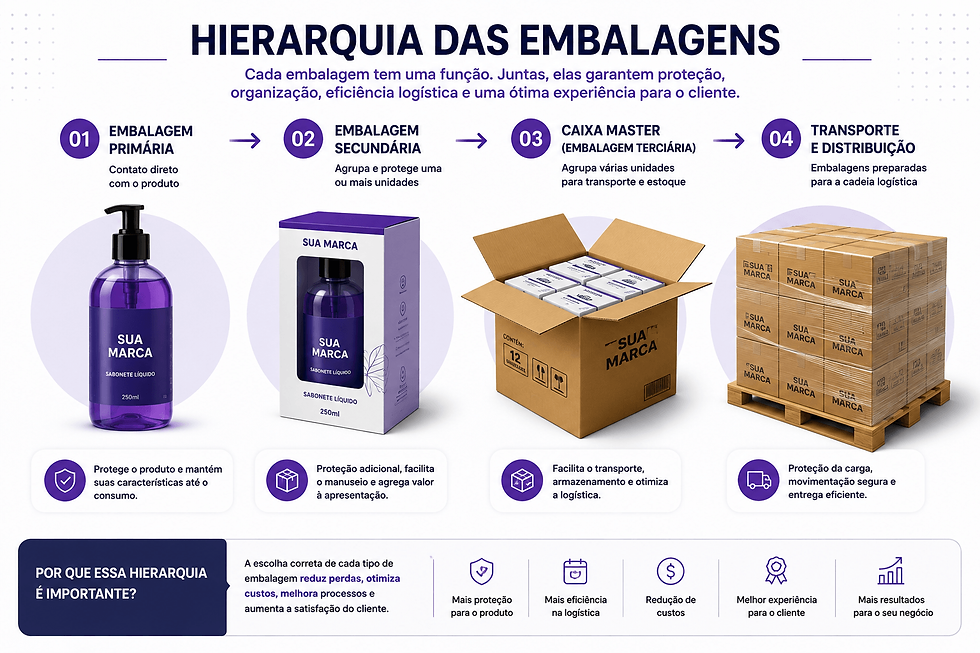 Infográfico sobre hierarquia das embalagens, com frasco, caixa, caixa master e pallet; setas roxas e textos explicativos.