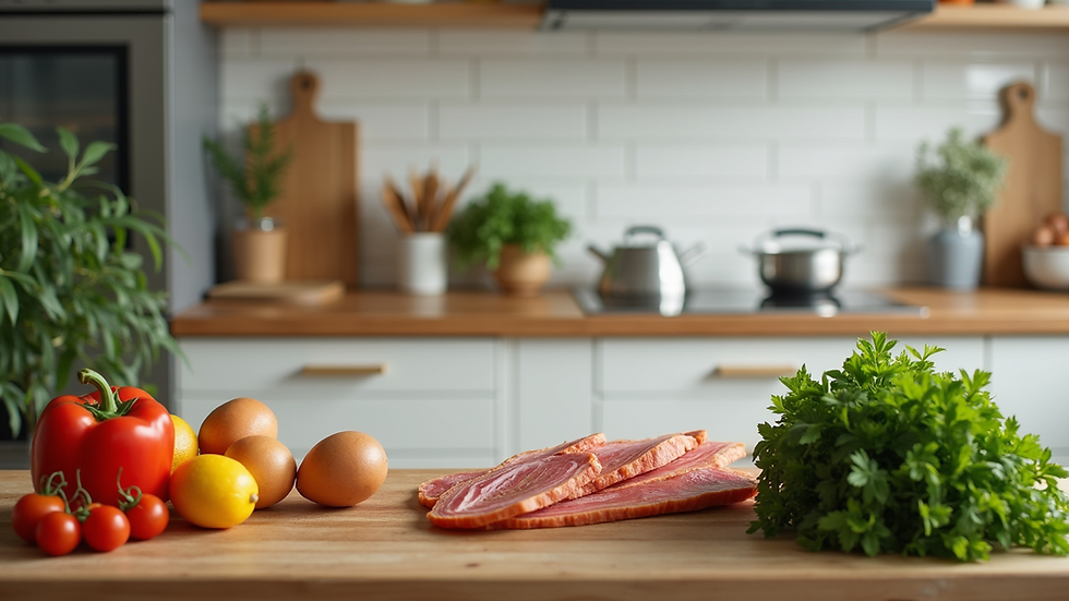 High angle view of a well-organized kitchen with fresh ingredients ready for meal prep