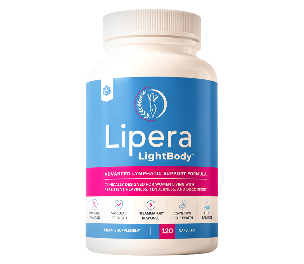 White supplement bottle labeled Lipera LightBody, 120 capsules, blue and pink design on a black background.