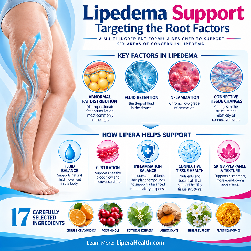 Infographic of a leg with arrows and Lipedema Support text, showing key factors, ingredients, and a blue-white health theme.