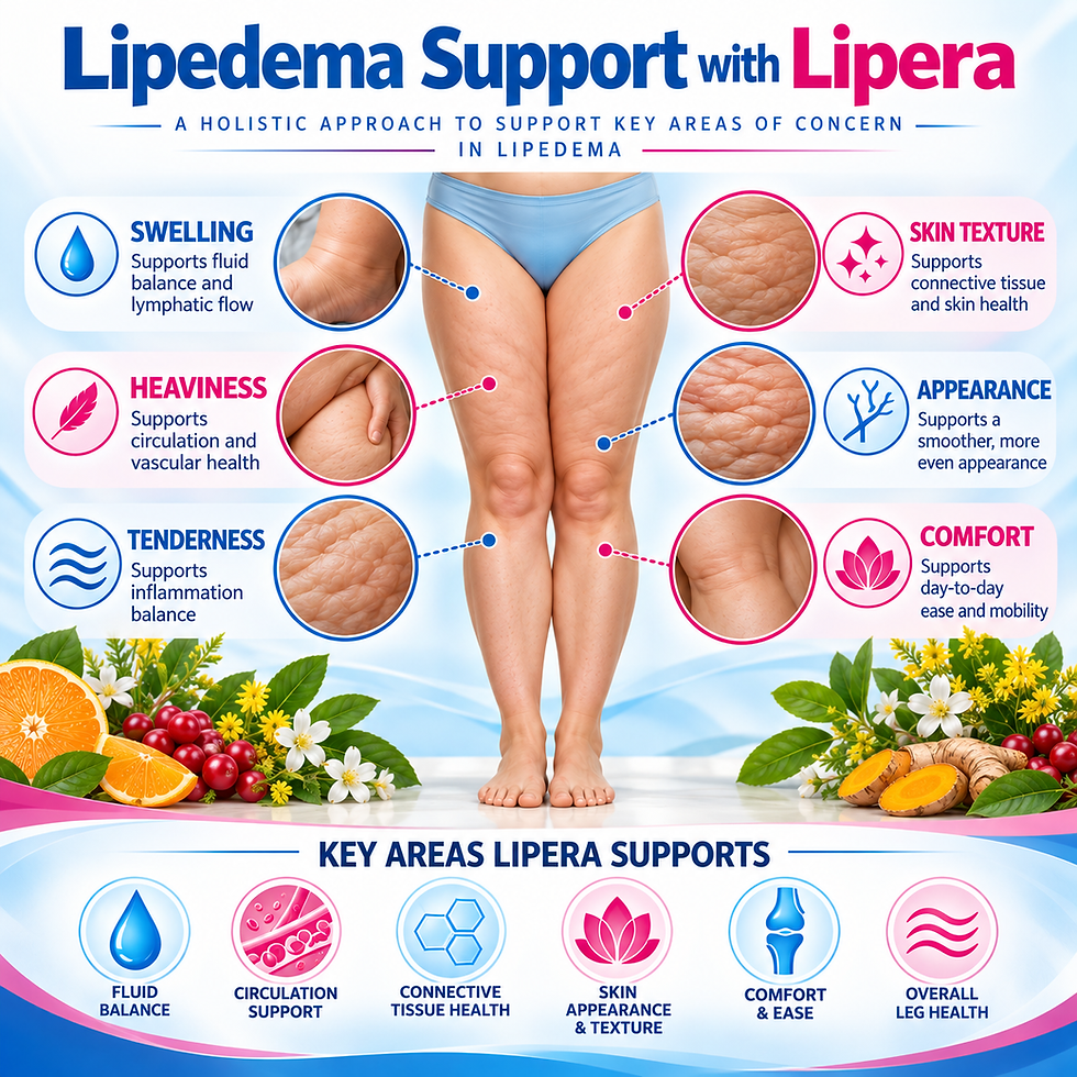 Lipedema Support with Lipera infographic showing a woman’s legs and callouts for swelling, heaviness, skin texture, appearance, comfort