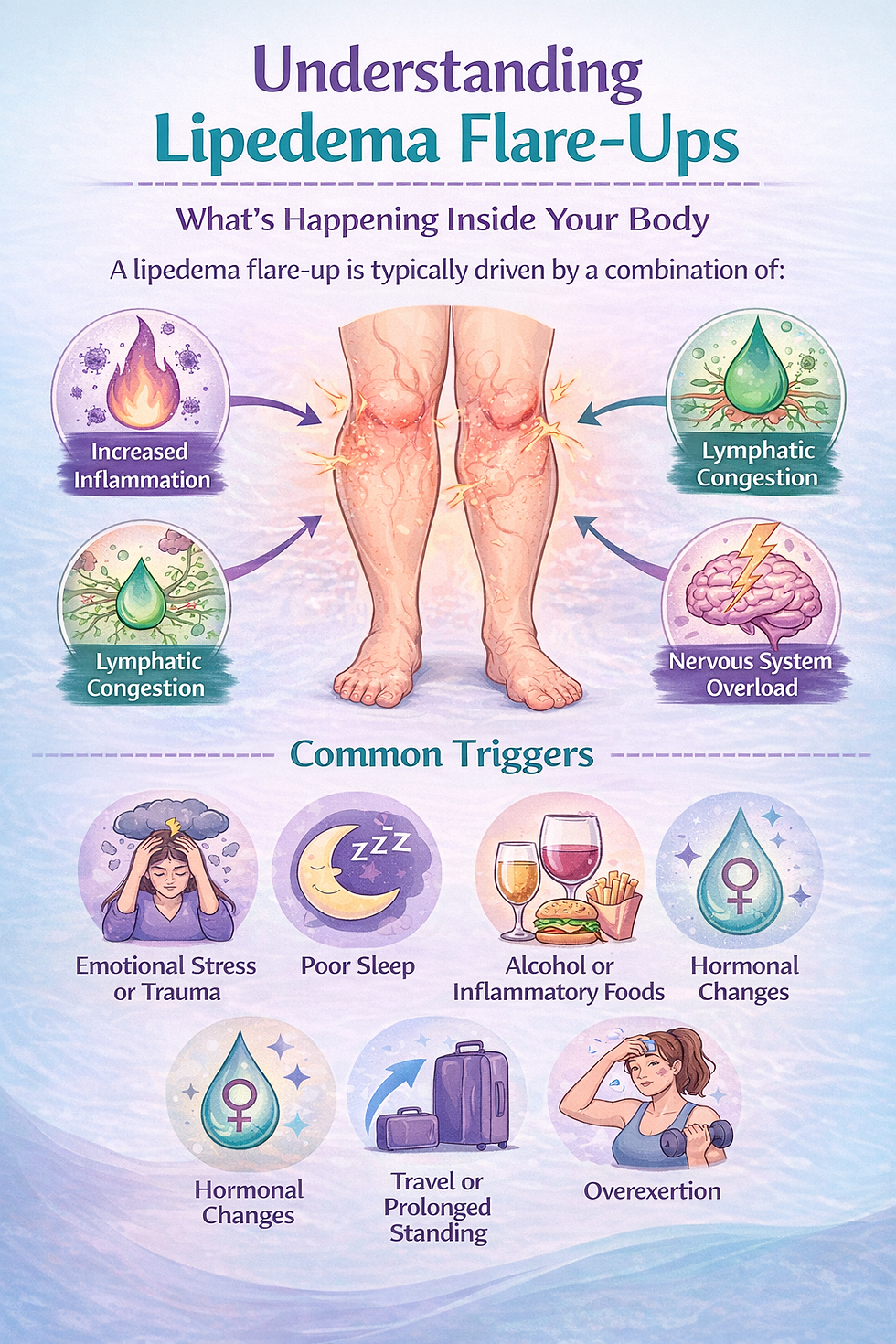Illustration explaining lipedema flare-ups, showing inflamed legs. Causes include stress, poor sleep, foods, hormonal changes, travel, and exercise.