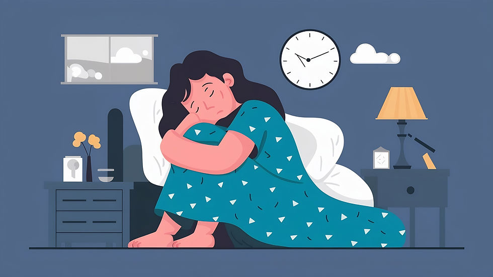 Sleepy woman in teal blanket dozes in bed beside a clock, lamp, and bedside tables in a quiet bedroom.
