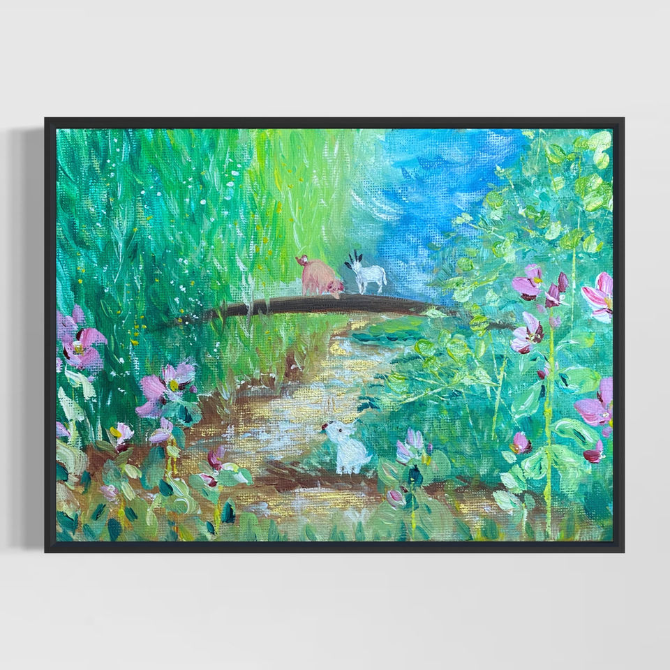 A commissioned painting of a happy memory from childhood days, a family outing by the river bank based on their Chinese Zodiac animals - Pig, Goat & Dog
Oil on canvas - 10x15cm