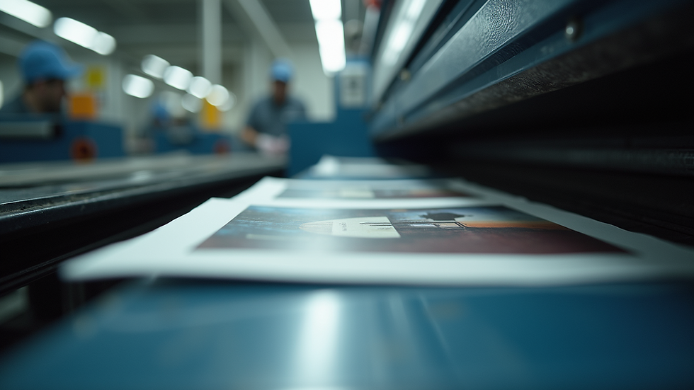 High angle view of an offset printing press in action