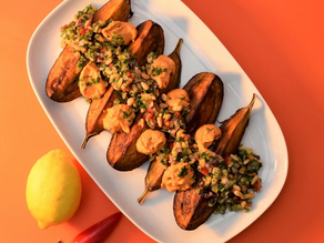 Harissa-roasted aubergines