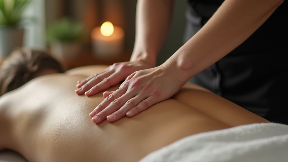 Close-up view of massage therapist applying pressure to a client's back