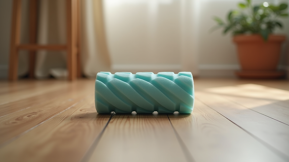 Eye-level view of a foam roller on a wooden floor ready for use