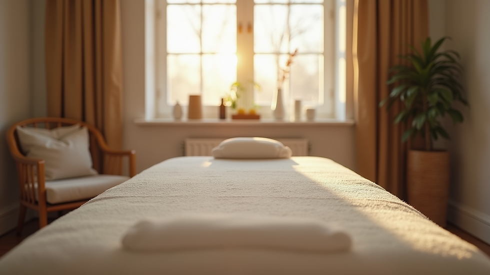 Eye-level view of a massage table set up in a cozy living room