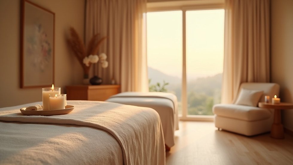 Eye-level view of a serene massage room with soft lighting and calming decor