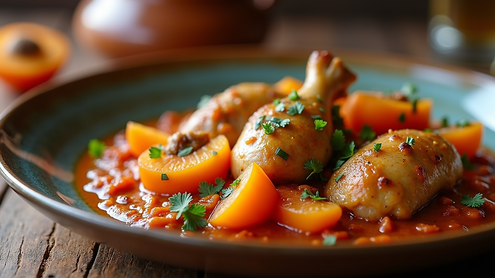 Close-up view of a colorful Moroccan tagine dish with chicken and apricots