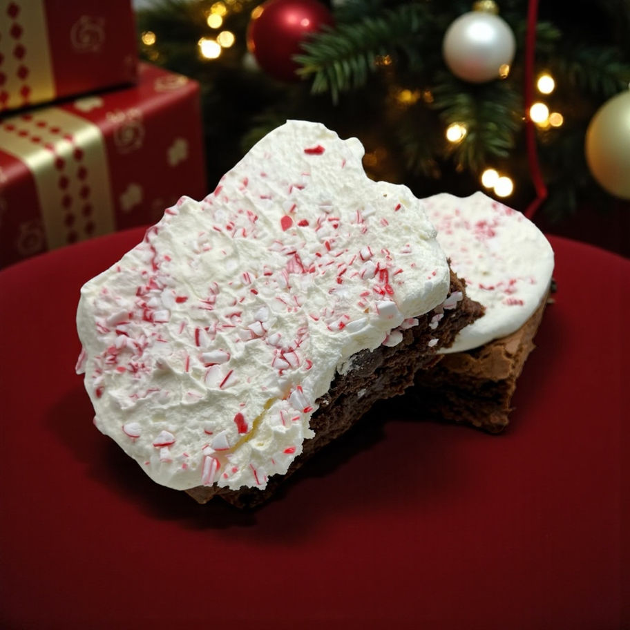 Brownie with Peppermint bark frosting