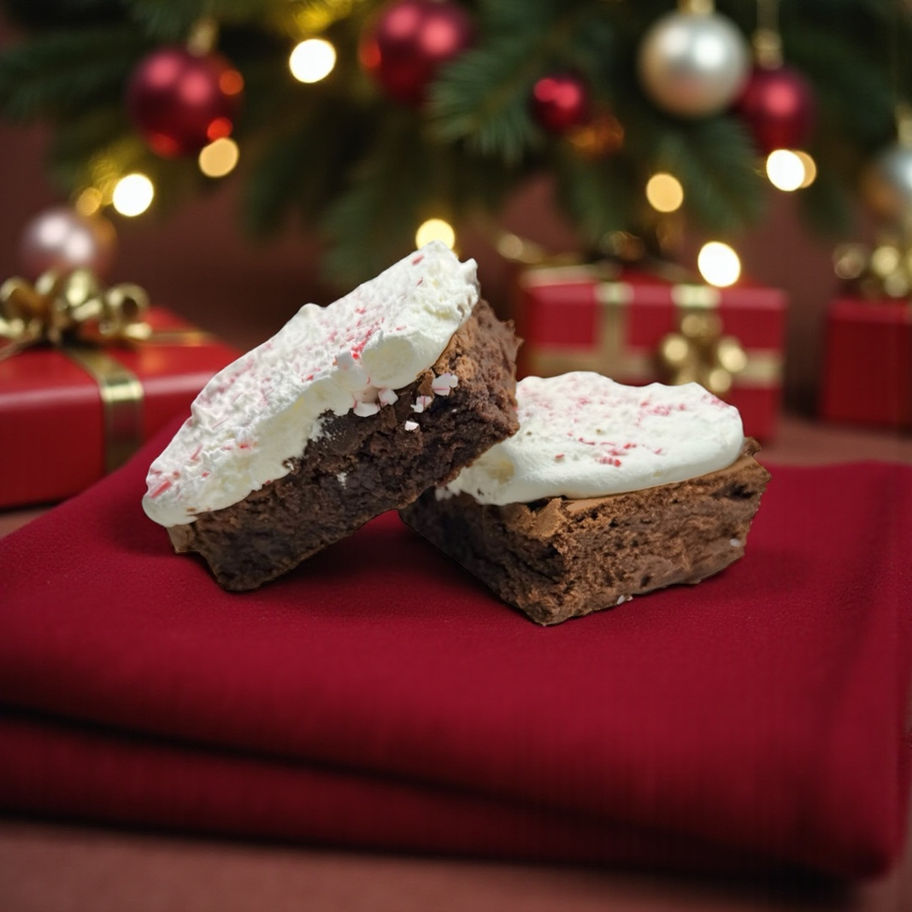Brownie with Peppermint bark frosting