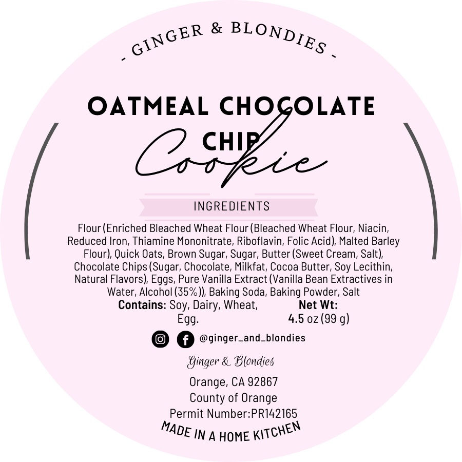 Package label for jumbo oatmeal raisin cookie.