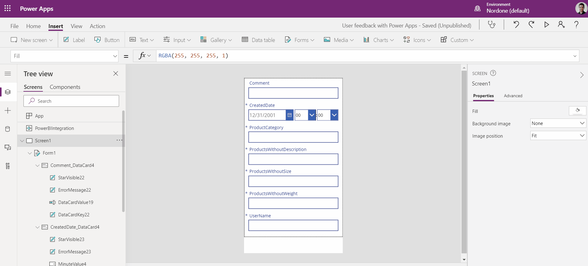 Assigning default values to the form fields in Power Apps