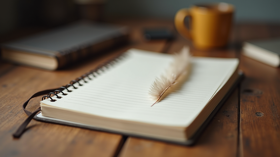 Vue en plongée d’un carnet de notes et d’une plume sur une table en bois