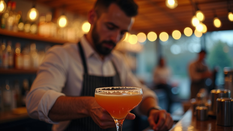 Close-up view of a bartender preparing a cocktail at a mobile bar