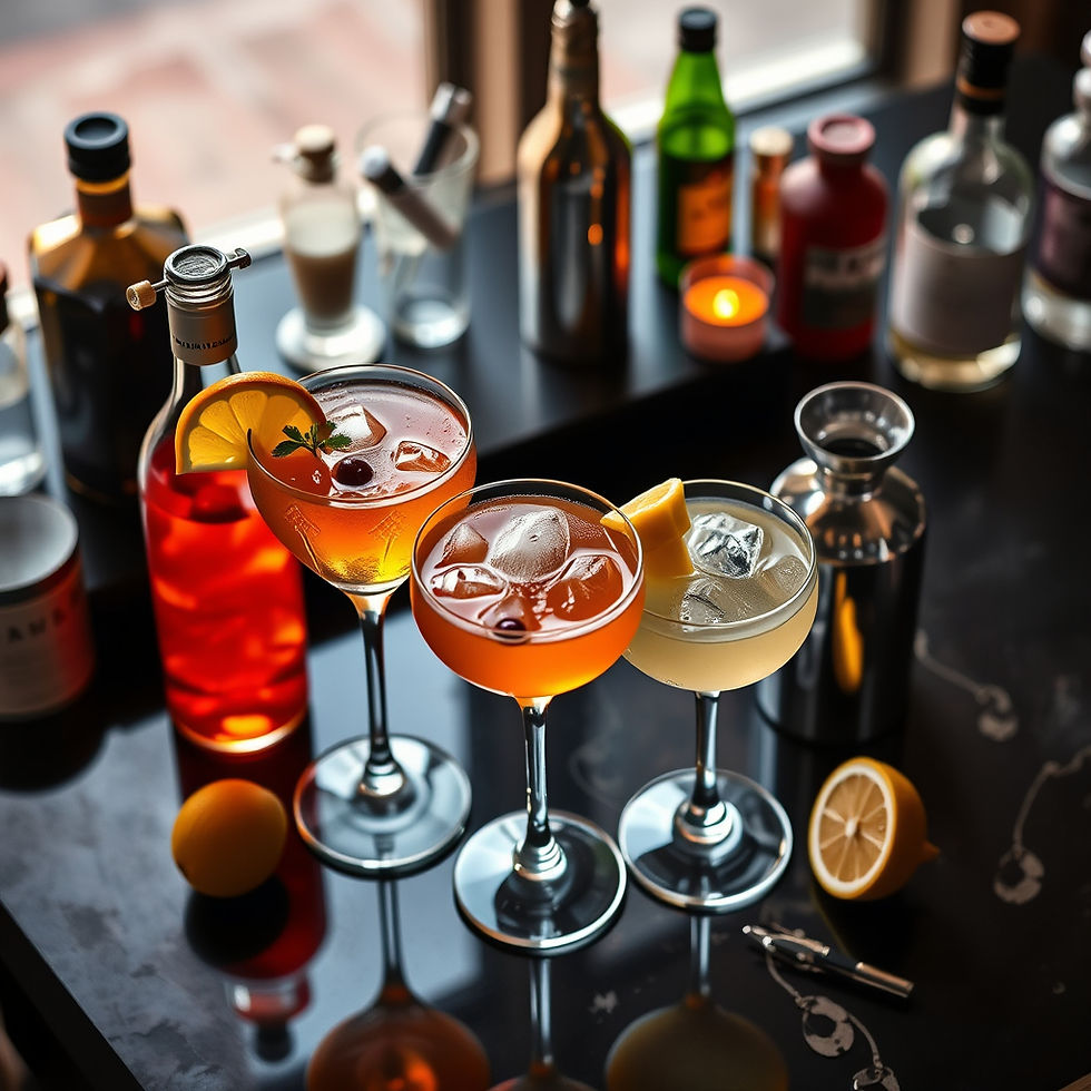 High angle view of a beautifully arranged cocktail setup ready for a class