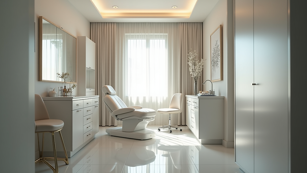 Eye-level view of a modern treatment room with soft lighting and comfortable seating