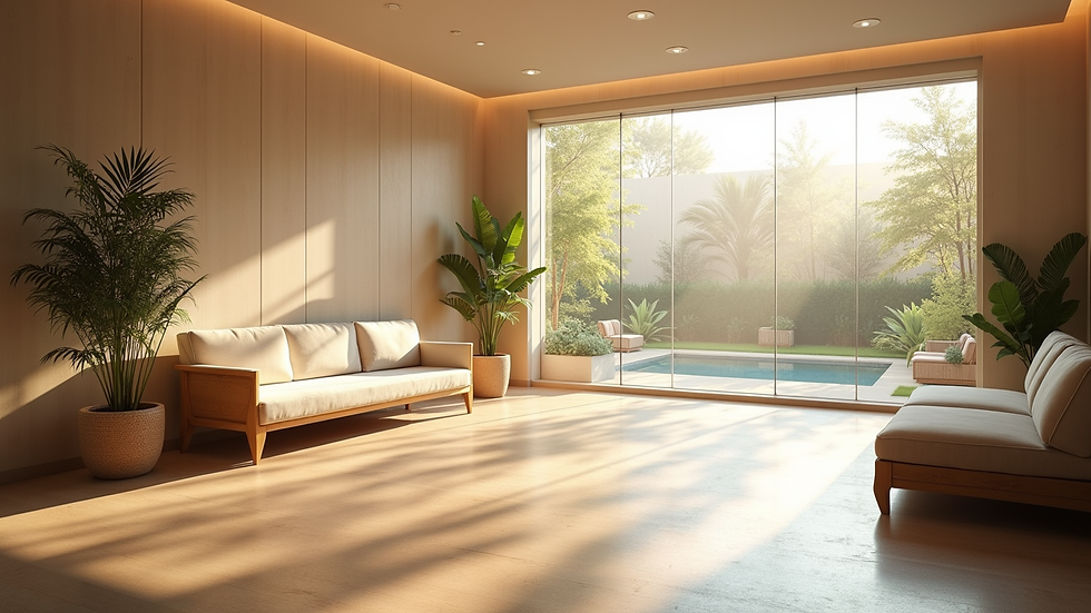 High angle view of a peaceful spa waiting area with comfortable seating and natural light